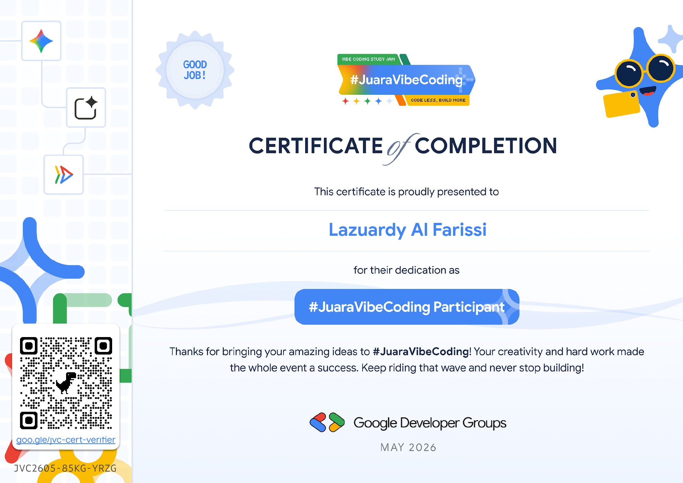 Sertifikat #JuaraVibeCoding — Lazuardy Al Farissi