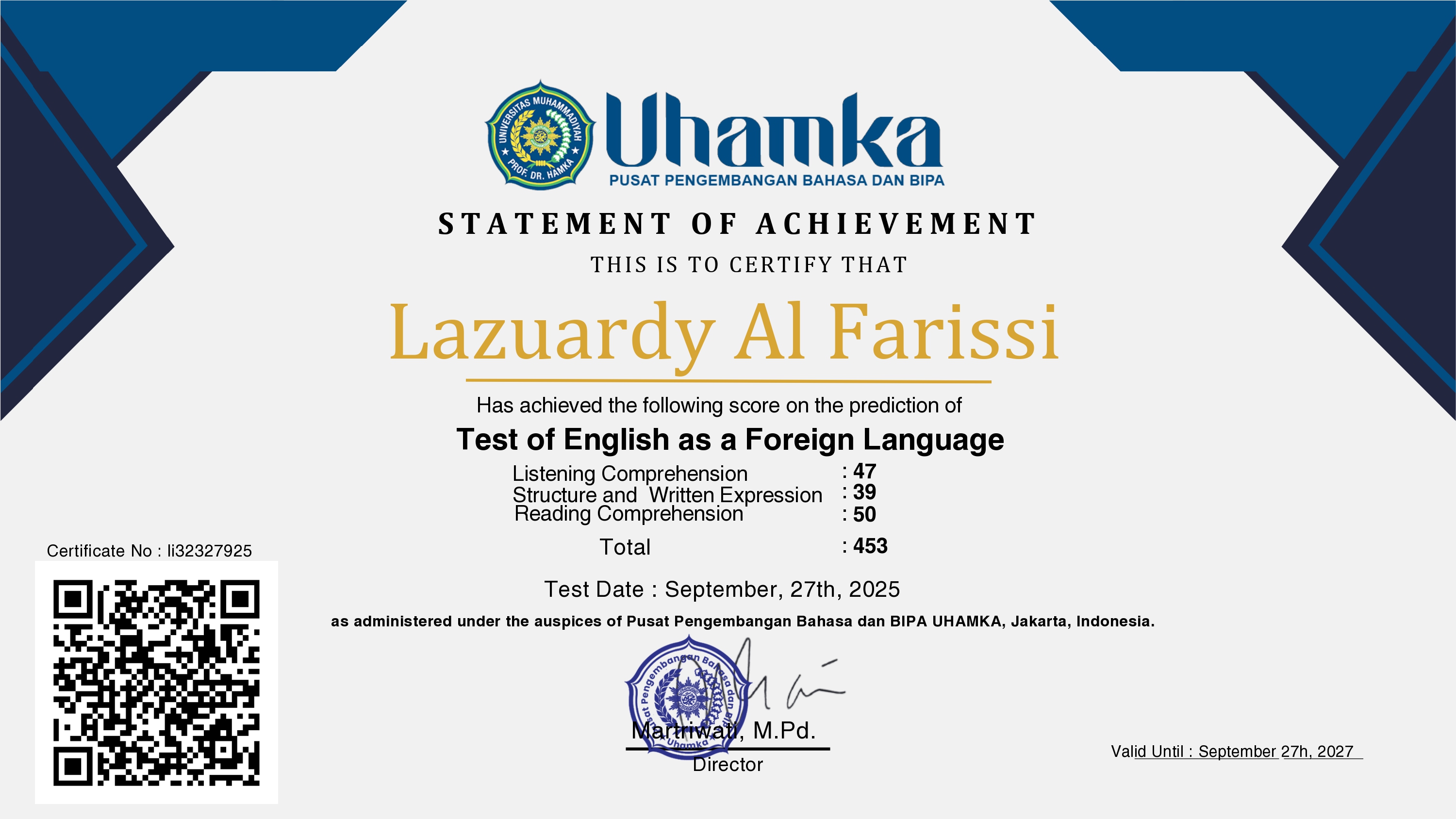 Sertifikat TOEFL — Lazuardy Al Farissi